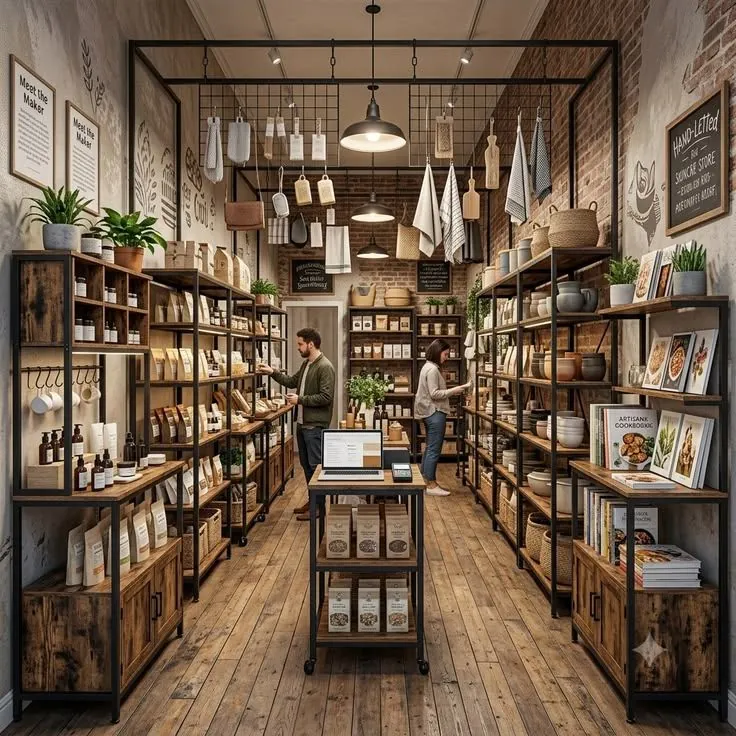 Specialty retail store with wooden shelving, housewares and shoppers