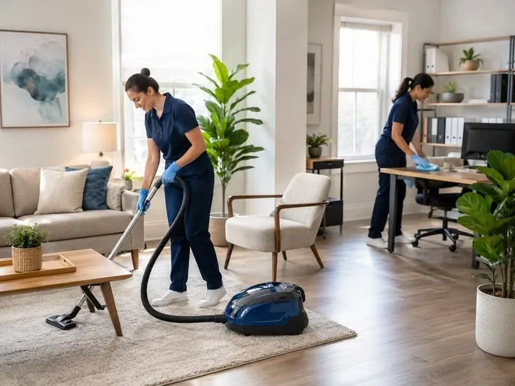 Cleaning crew vacuuming and wiping down an office